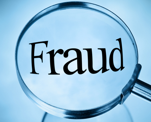 Magnifying glass with the word fraud magnified in blue tone in square format