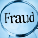 Magnifying glass with the word fraud magnified in blue tone in square format
