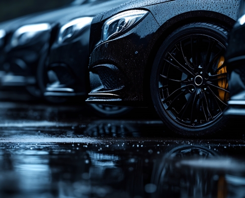 Black sedan cars standing in a row Fleet of generic modern cars Transportation Luxury car fleet consisting of generic brandless design isolated in dark background after rain wet surfac : Generative AI