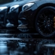 Black sedan cars standing in a row Fleet of generic modern cars Transportation Luxury car fleet consisting of generic brandless design isolated in dark background after rain wet surfac : Generative AI