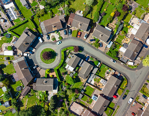 Top down aerial view of typical suburban estate in England, UK