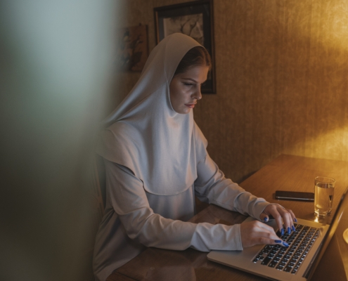 A woman working from home